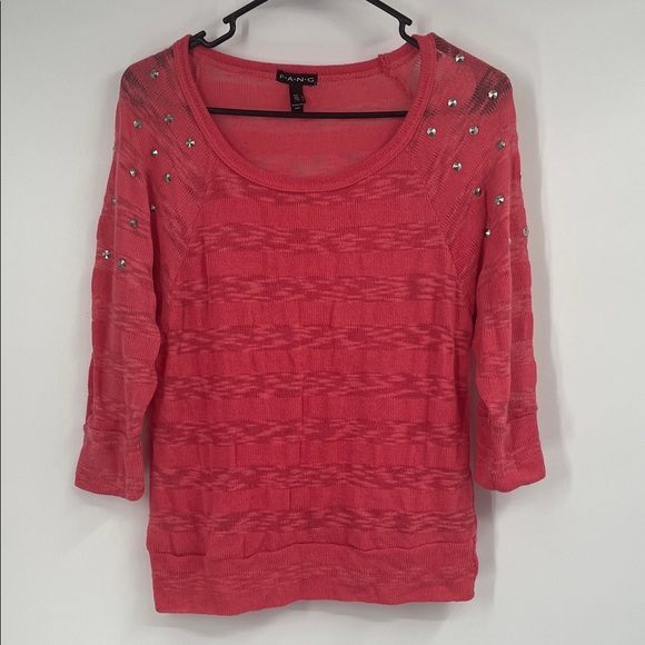 Coral Pink Knit Studded Scoop Neck 3/4 Sleeve Sweater - Picture 2 of 9